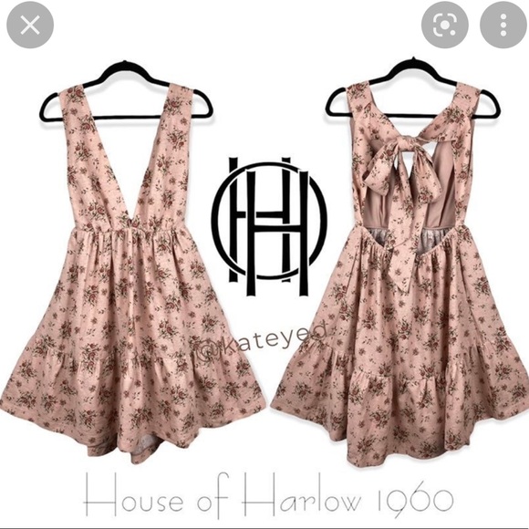 NWT House Of Harlow 1960 Linen Boho Pink Rose Midi Low Back Dress Size L - Picture 1 of 11